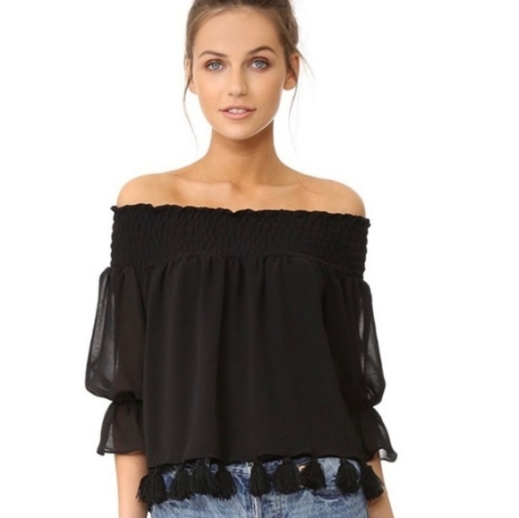 Misa Fontane blouse Off-the-Shoulder 3/4-Sleeve Tassel-Trim Top, Onyx Size Small - Picture 1 of 16